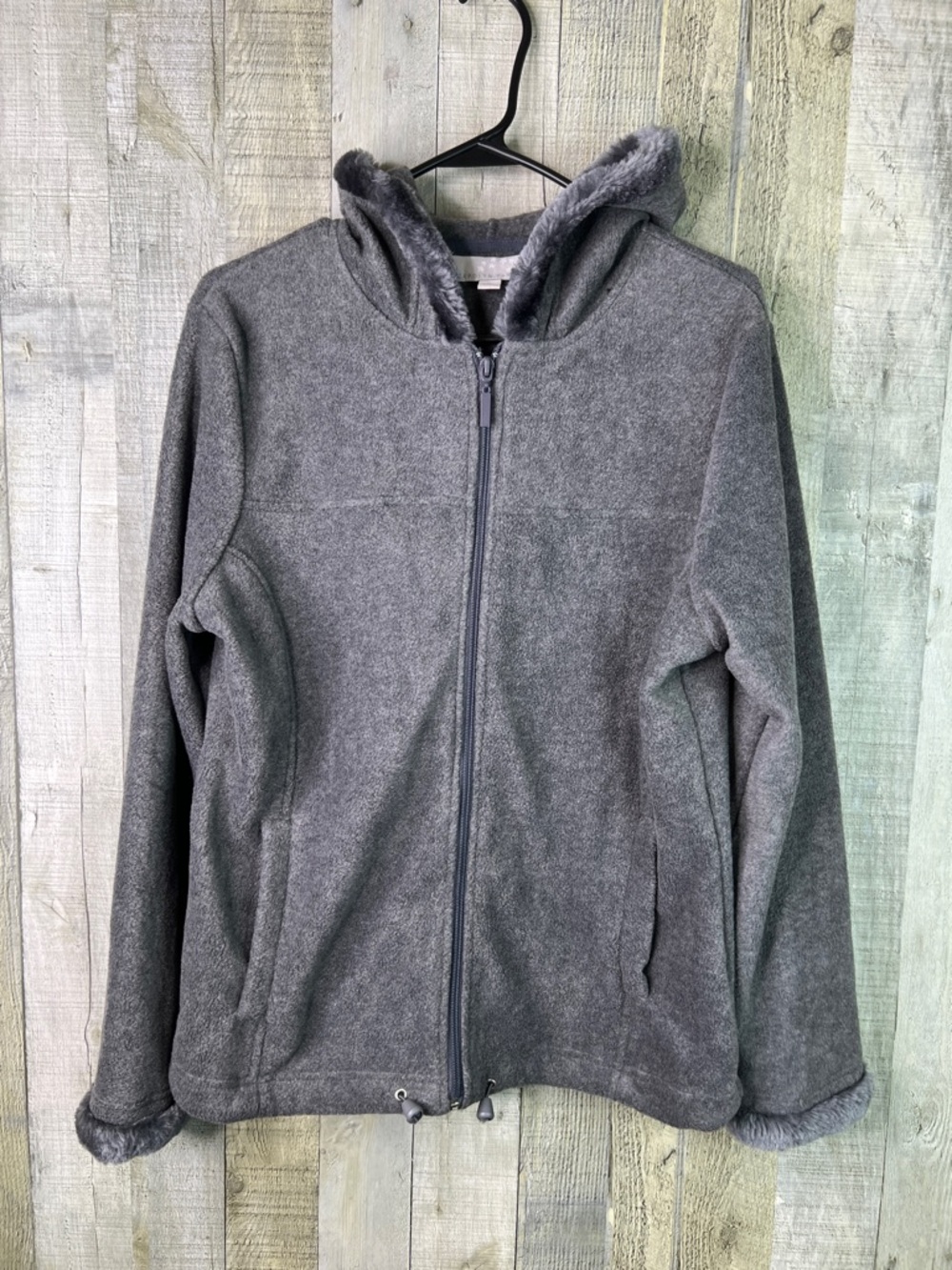 Carolyn Taylor Medium Gray Fleece Jacket W/Cinch Cords Zip Front Faux Fur Trim